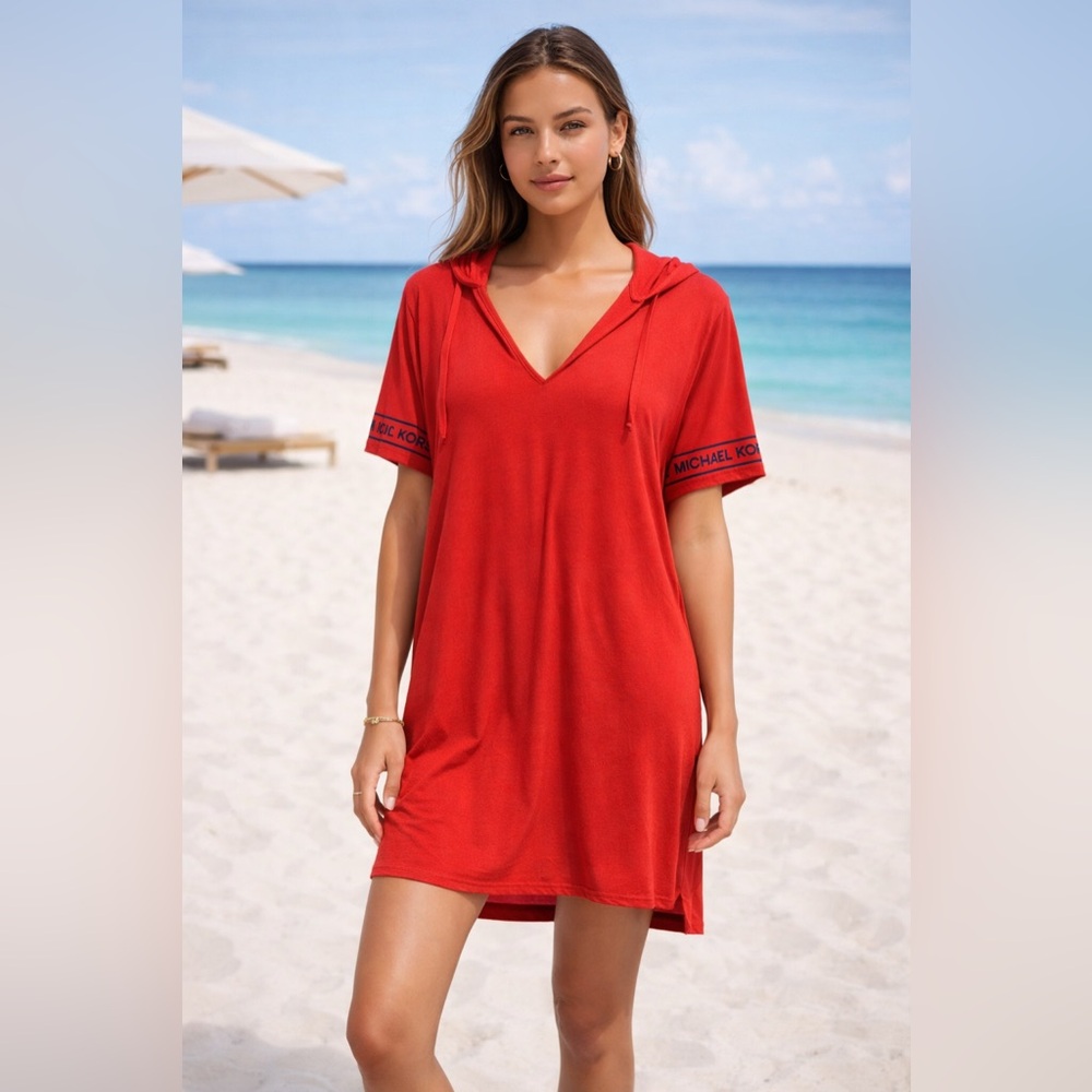 Michael Kors Red Hooded T-Shirt Dress Tunic XXL Logo Sleeve V-Neck Athleisure